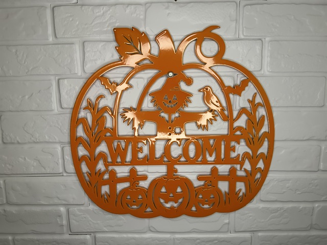 Orange fall-themed metal welcome sign by White Bear Fabrication