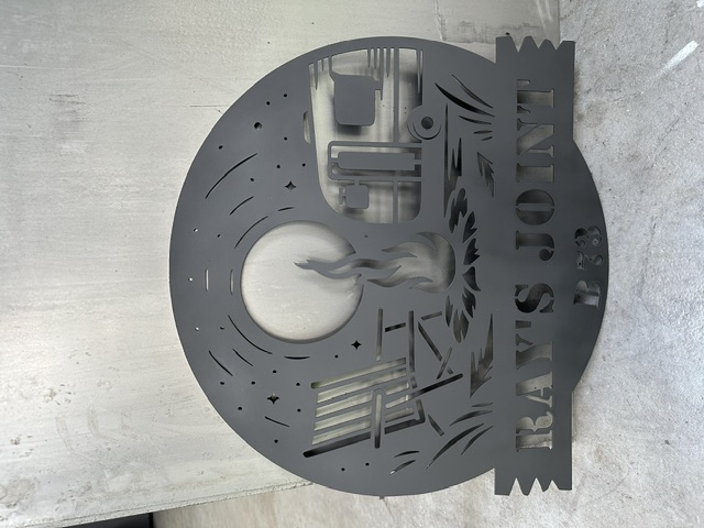 Personalized Ray's Joint metal camping sign with camper and campfire